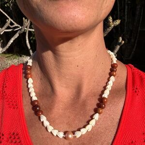 N63. Sandalwood Mother of Pearl Pikake flower & Edison Pearl W/ .925 SS Necklace